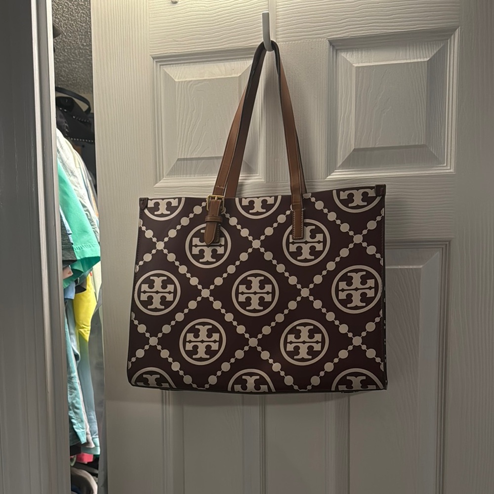 Tory Burch Brown and Cream Geometric Tote